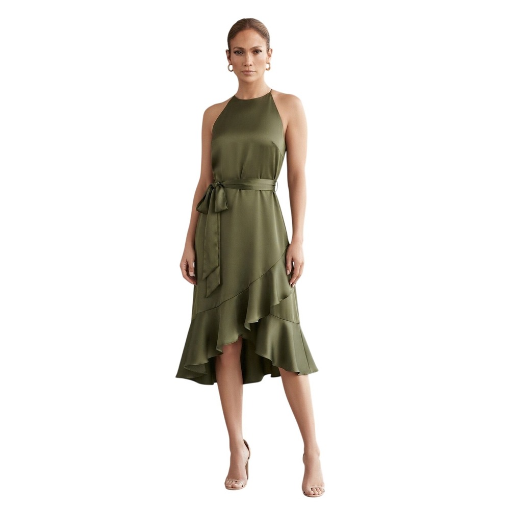 Jennifer Lopez Halter Ruffle Satin Dress Olive Green Cocktail Party Wedding S